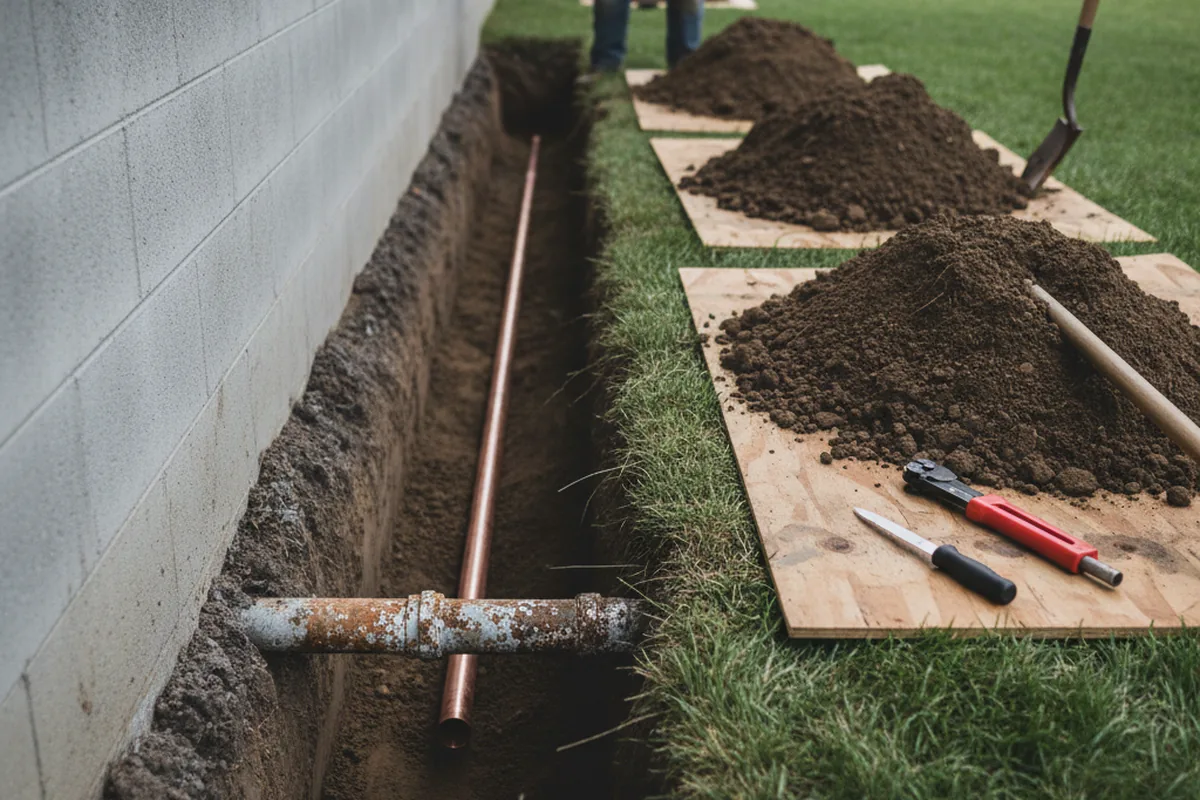 Excavated water line trench during Water Heater Repair in Galliano